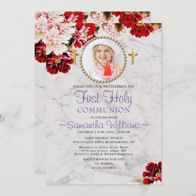 Modern Burgundy Blush Photo First Communion Invitation (Front/Back)