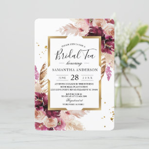 Modern Burgundy Blush Pink Floral & Gold Frame Invitation