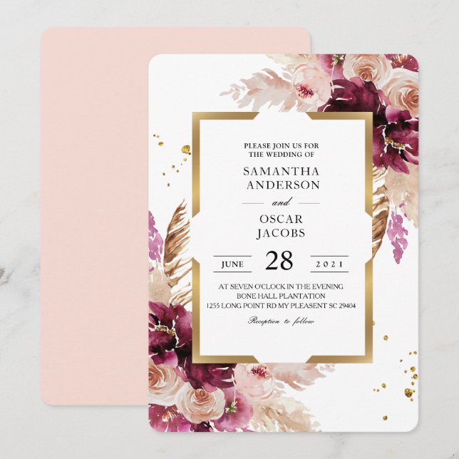 Modern Burgundy Blush Pink  Floral & Gold Frame Invitation (Front/Back)