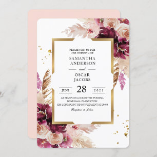 Modern Burgundy Blush Pink  Floral & Gold Frame Invitation