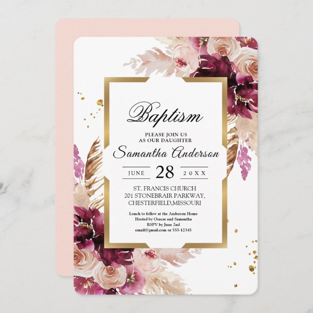 Modern Burgundy Blush Pink  Floral & Gold Frame Invitation (Front/Back)