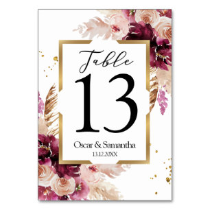 Modern Burgundy Blush Pink  Floral & Gold Frame Table Number