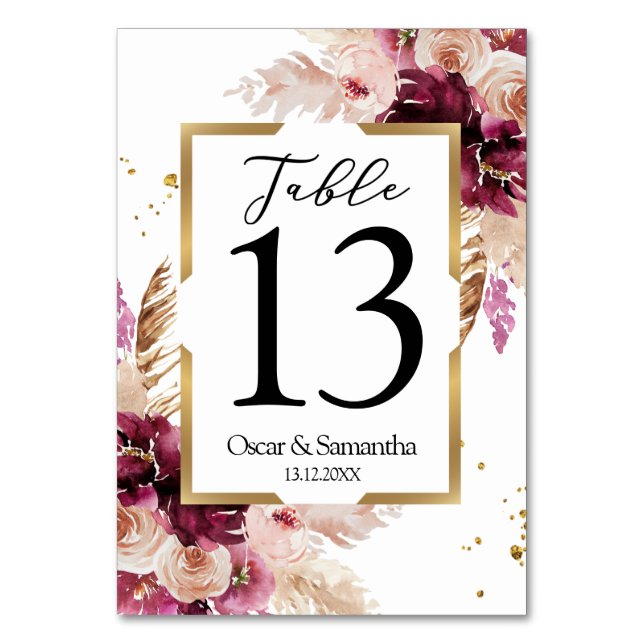 Modern Burgundy Blush Pink  Floral & Gold Frame Table Number (Front)