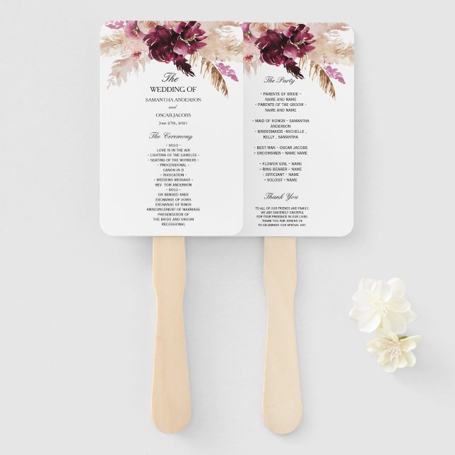 Modern Burgundy Blush Pink  Floral  Hand Fan (Front and Back)