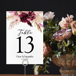 Modern Burgundy Blush Pink  Floral  Table Number