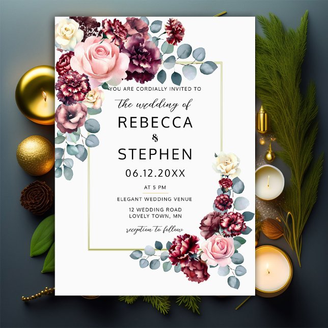 Modern Burgundy Blush Roses Floral Frame Wedding Invitation (Creator Uploaded)
