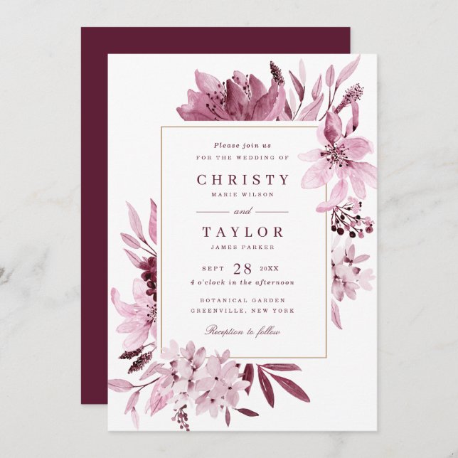 Modern Burgundy Blush Watercolor Floral Wedding Invitation (Front/Back)