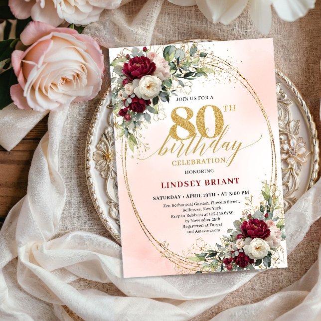 Modern Burgundy Boho Flowers 80th Birthday Invite (Modern Burgundy Boho Flowers 80th Birthday Invite)