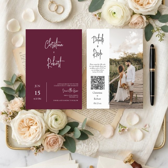 Modern Burgundy Boho Wedding Photo QR Code RSVP  Invitation (Creator Uploaded)