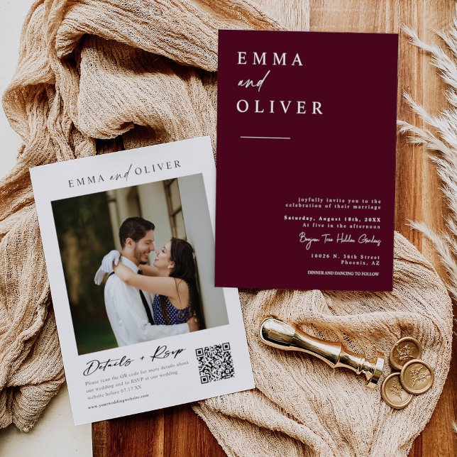 Modern Burgundy Boho Wedding Photo QR Code RSVP Invitation (Creator Uploaded)