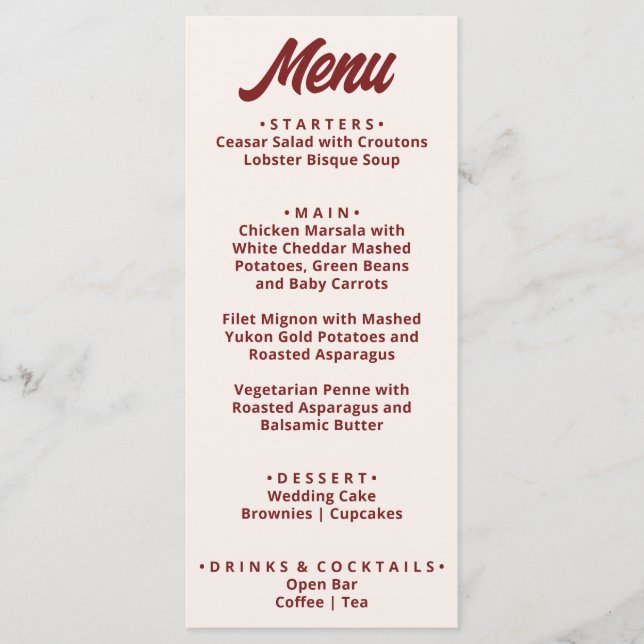 Modern Burgundy Bold Funky Retro Unique Wedding  Menu (Front)