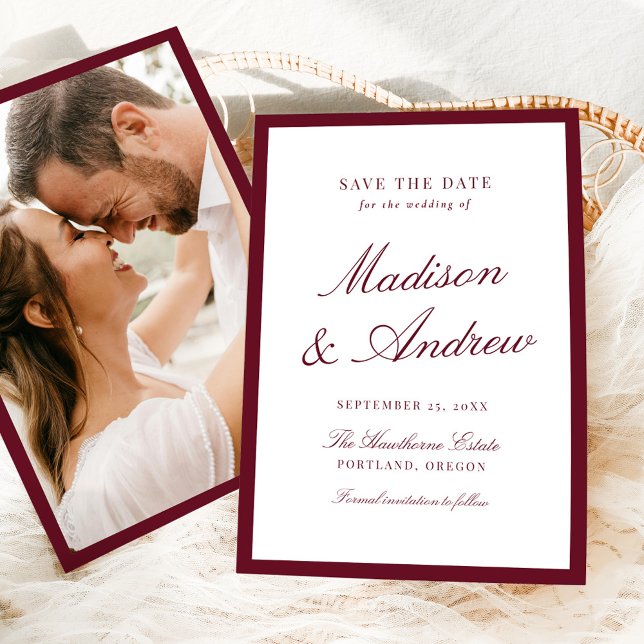 Modern Burgundy Border Photo Wedding Save The Date (Creator Uploaded)