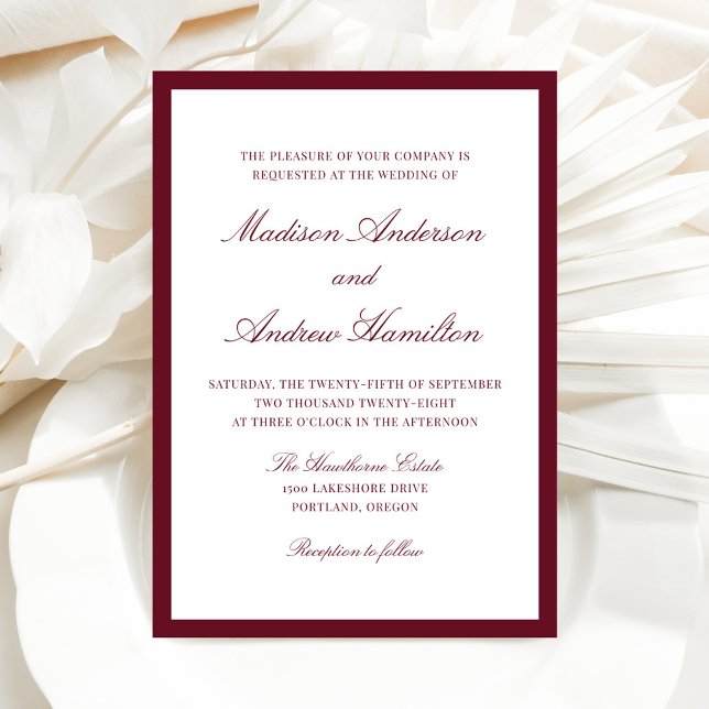 Modern Burgundy Border Wedding Invitation (Creator Uploaded)