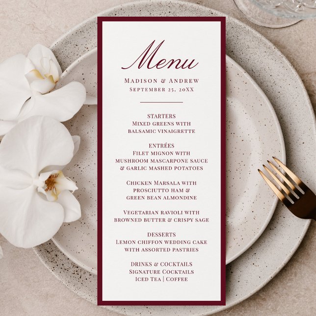 Modern Burgundy Border Wedding Menu (Creator Uploaded)