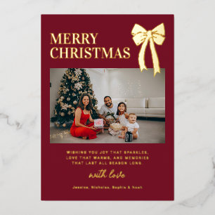 Modern Burgundy Bow Photo Christmas Gold Foil Holiday Card