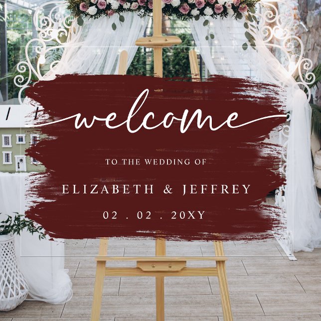 Modern Burgundy Brush Strokes Wedding Welcome  Acrylic Sign (Modern Burgundy Brush Strokes Wedding Welcome Acrylic Sign)