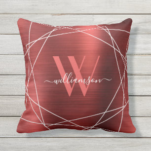 Modern Burgundy Brushed Metal Monogram Name Script Cushion