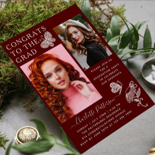 Modern Burgundy Butterfly Photo Graduation Party Invitation