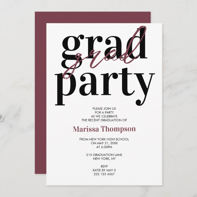 Modern Burgundy Calligraphy Graduation Party  Invitation (Front/Back)