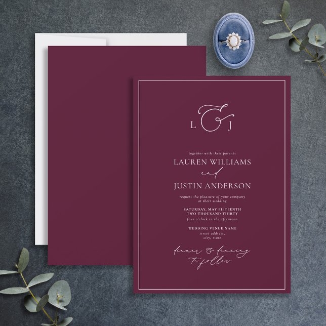 Modern Burgundy Calligraphy Monogram Wedding Invit Invitation (Creator Uploaded)