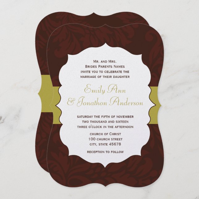 Modern Burgundy Chartreuse Damask Wedding Invite (Front/Back)
