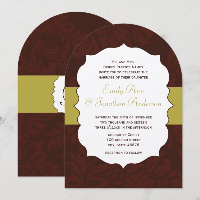 Modern Burgundy Chartreuse Damask Wedding Invite (Front/Back)