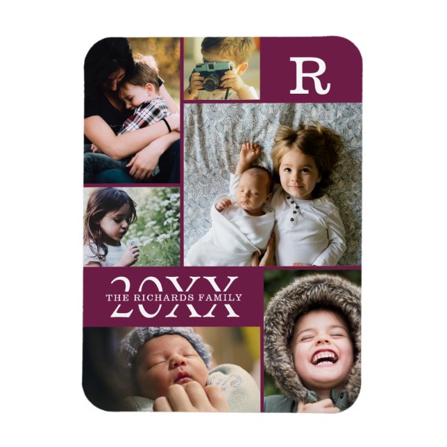 Modern Burgundy Colour Block Family 6 Photo Magnet (Vertical)