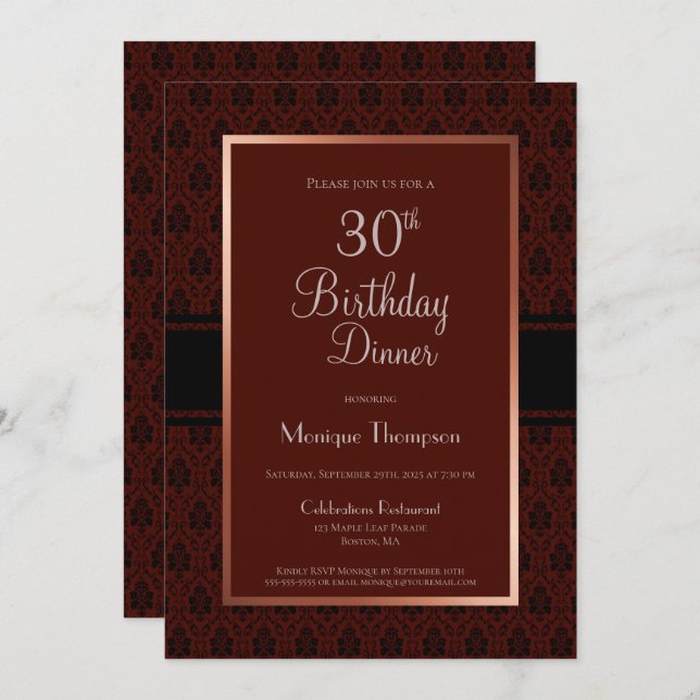 Modern Burgundy Copper 30th Birthday Dinner Party Invitation (Front/Back)