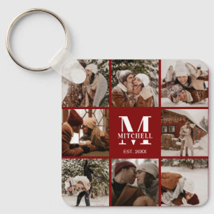 Modern Burgundy Couple Photo Collage Monogram Gift Key Ring