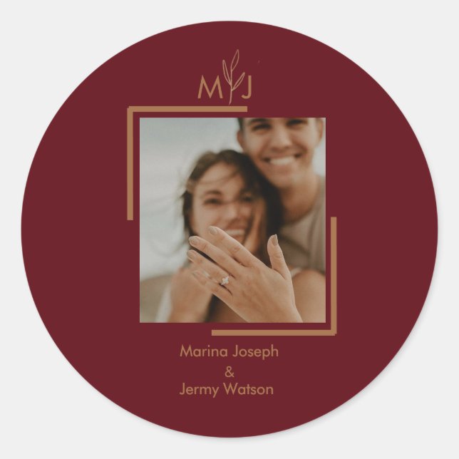 Modern Burgundy Couple Photo Monogram Classic Round Sticker (Front)