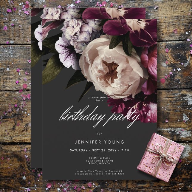 Modern Burgundy & Cream Peonies Black Birthday Invitation (Modern Burgundy & Cream Peonies Black Birthday Invitation)
