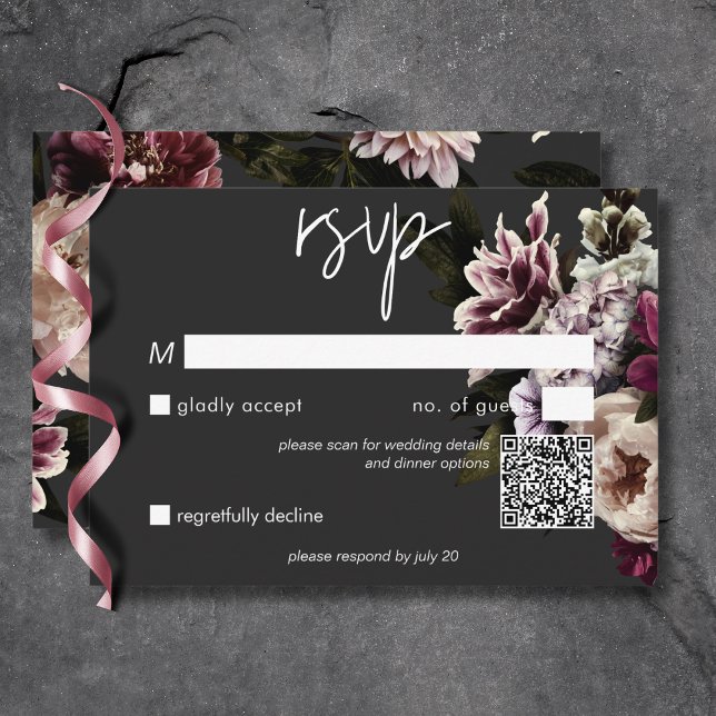 Modern Burgundy Cream Peonies Floral Black QR Code RSVP Card (Modern Burgundy Cream Peonies Floral Black QR Code RSVP Card)