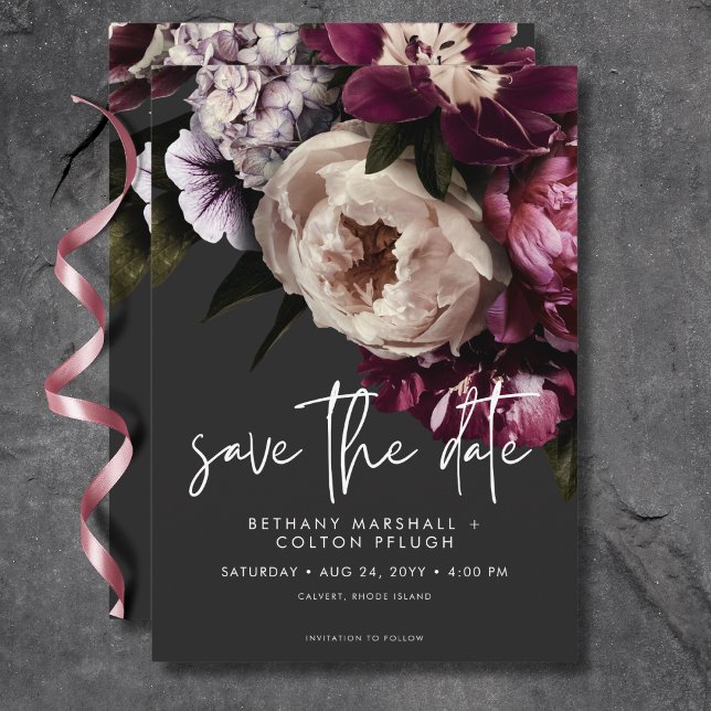 Modern Burgundy & Cream Peonies Floral Black Save The Date (Modern Burgundy & Cream Peonies Floral Black Save The Date)