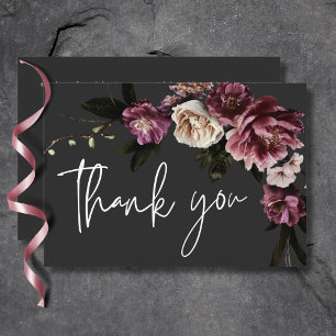 Modern Burgundy & Cream Peonies Floral Black Thank You Card