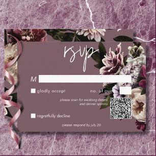 Modern Burgundy & Cream Peonies Floral QR Code RSVP Card