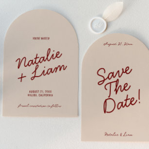 Modern Burgundy Cream Whimsical Arched Wedding Save The Date