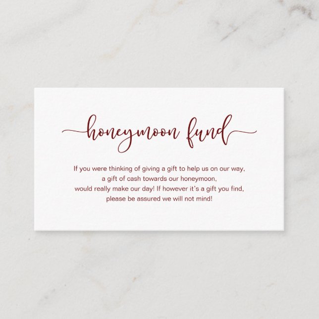Modern Burgundy cute font, Wedding Honeymoon Fund Enclosure Card (Front)