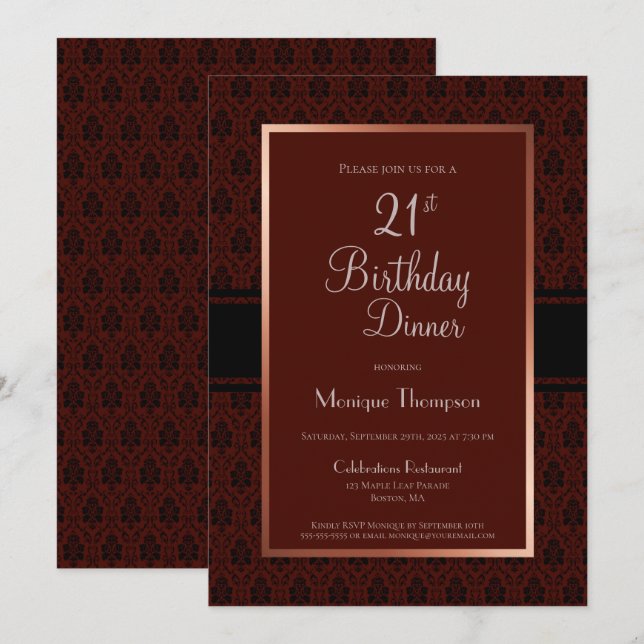 Modern Burgundy Damask 21st Birthday Dinner Party Invitation (Front/Back)