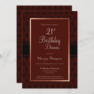 Modern Burgundy Damask 21st Birthday Dinner Party Invitation
