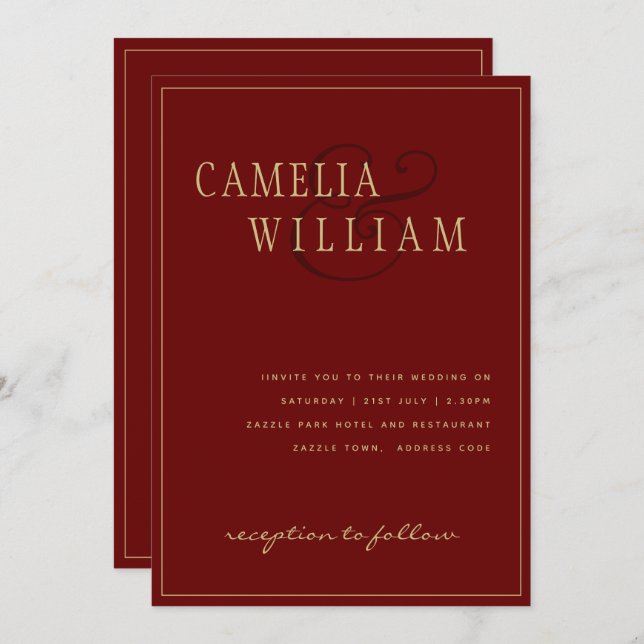 Modern Burgundy Deep Red Wedding Invitation Gold (Front/Back)