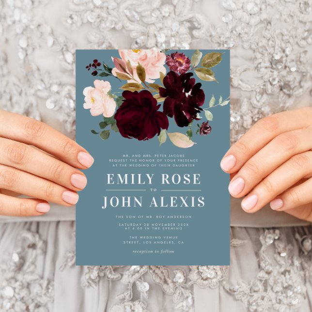 Modern burgundy dusty blue wedding invitation (Creator Uploaded)