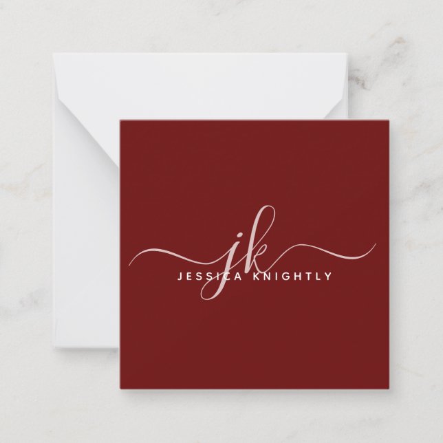 Modern Burgundy Elegant Script Initials Monogram Card (Front)