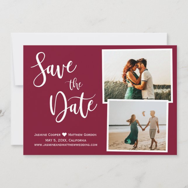 Modern Burgundy Elegant Typography Photo Save The Date (Front)