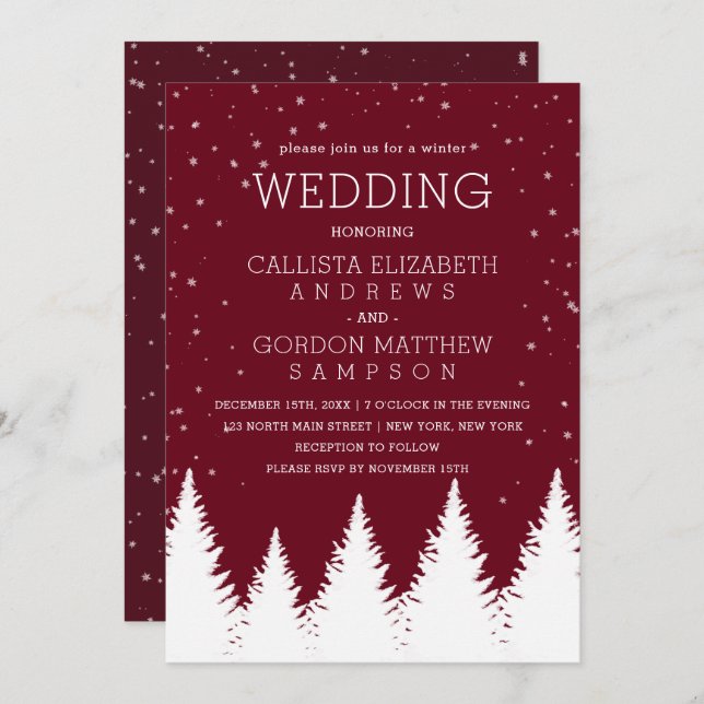 Modern Burgundy Falling Snow Winter Trees Wedding Invitation (Front/Back)