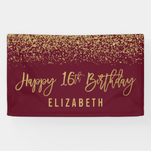Modern Burgundy Faux Gold Glitter 16th Birthday Banner