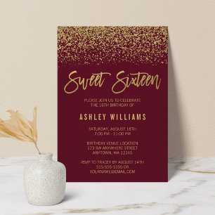Modern Burgundy Faux Gold Glitter Sweet 16 Invitation