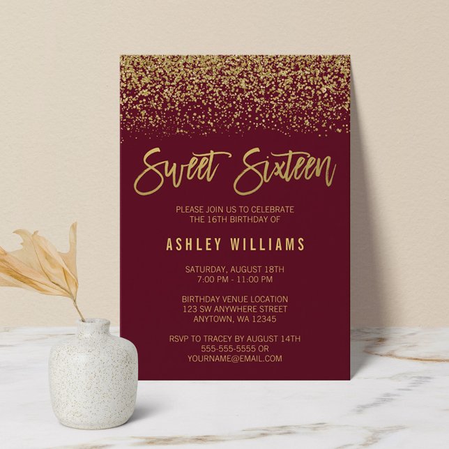 Modern Burgundy Faux Gold Glitter Sweet 16 Invitation (Creator Uploaded)