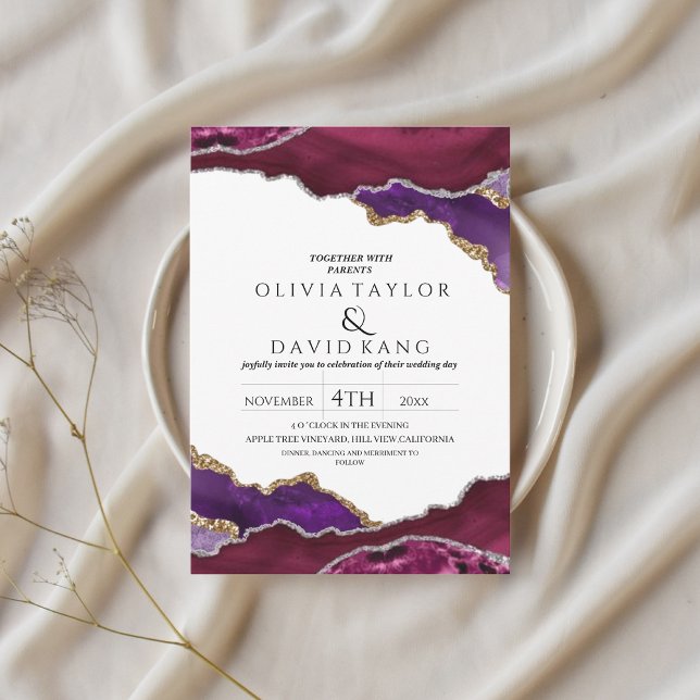 Modern Burgundy faux gold Purple mix Agate Wedding Invitation (Creator Uploaded)