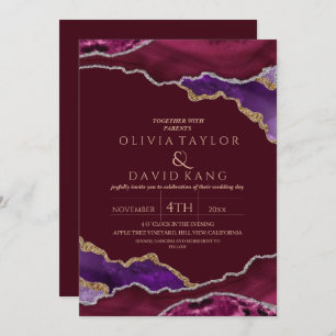 Modern Burgundy faux gold Purple mix Agate Wedding Invitation