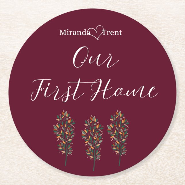 Modern Burgundy First Home Coaster (Front)